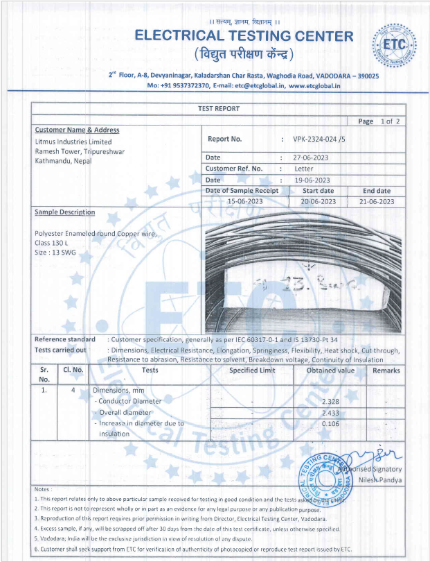 ELECTRICAL TESTING CENTER - ENAMEL WIRES